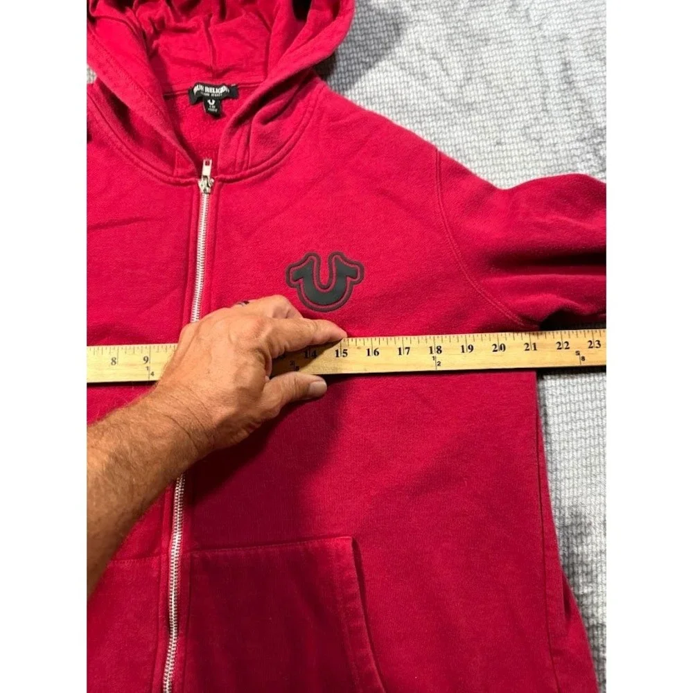 True Religion Mens Red‎ Full Zip Hoodie Horseshoe Logo Fleece Sweatshirt Large